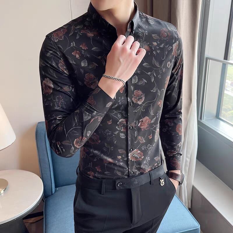 Men's Long Sleeve Flower Slim