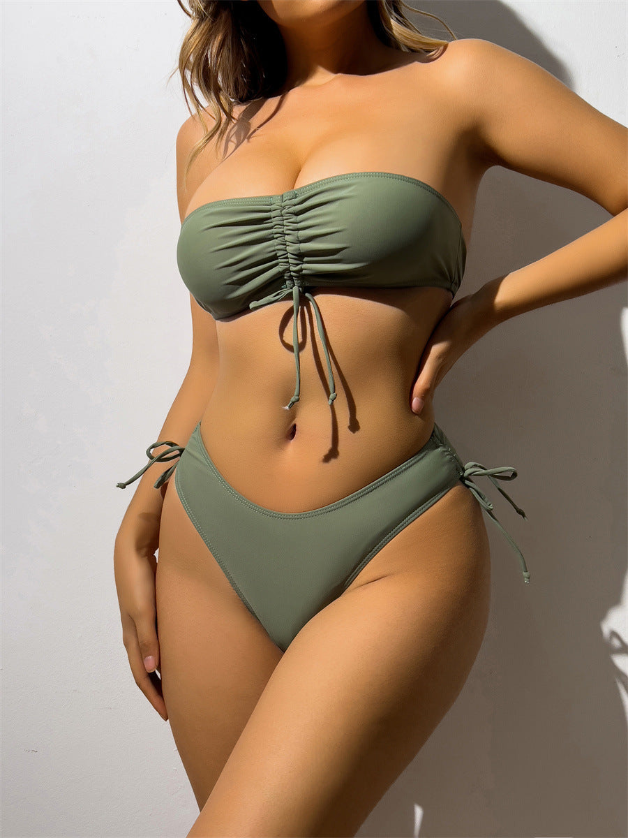 Drawstring Design Tube Bikini Summer Solid Color Sexy Swimsuit