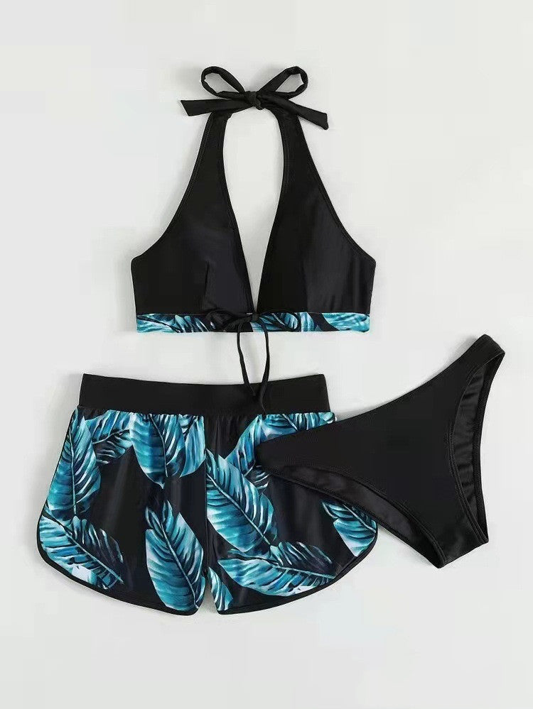 3pcs Leaf Print Bikini With Shorts Fashion Summer Beach Swimsuit