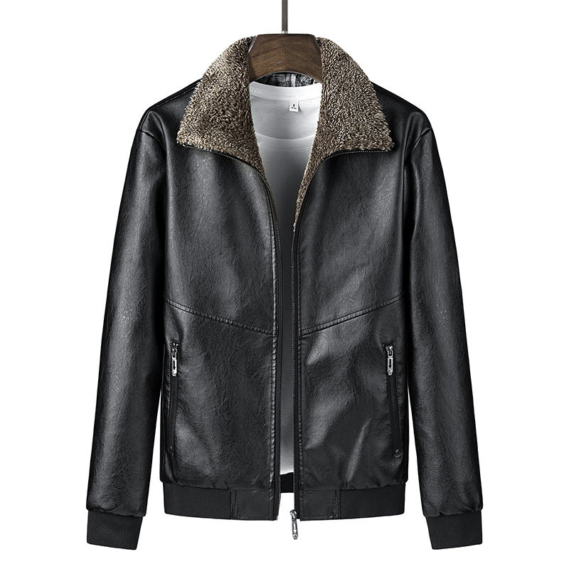 Men's fur collar leather jacket with lapel and fleece