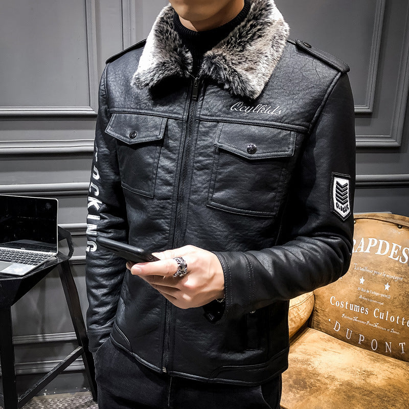 Lamb fur lapel motorcycle leather jacket