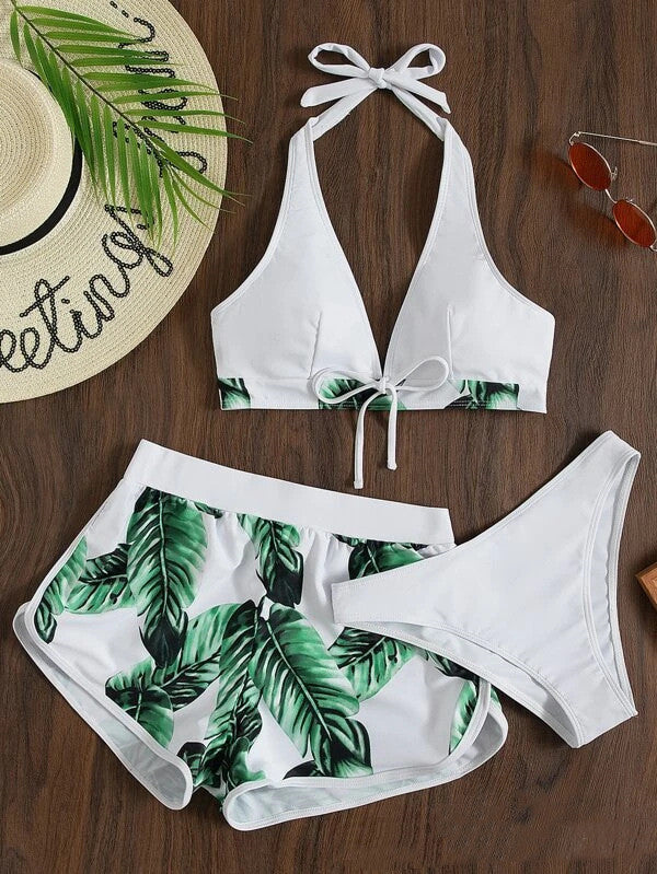 3pcs Leaf Print Bikini With Shorts Fashion Summer Beach Swimsuit