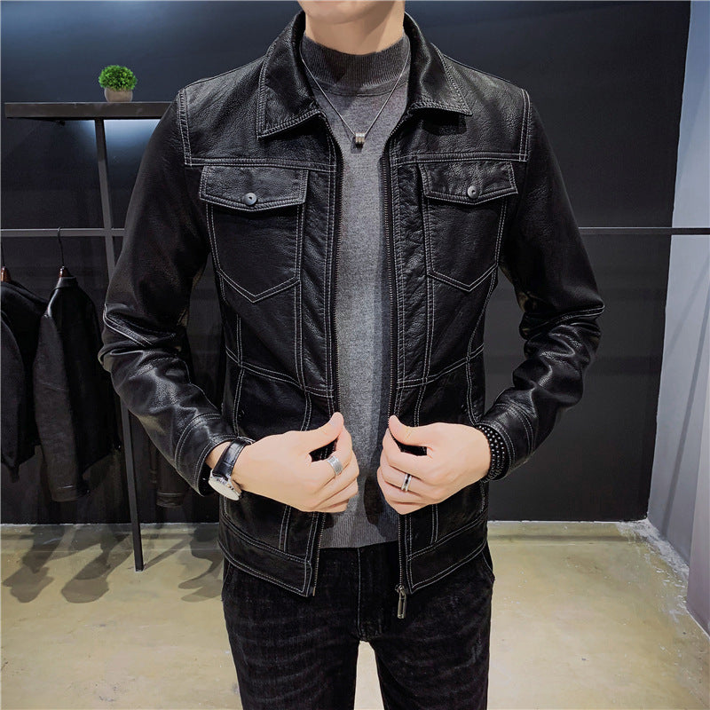 Leather men's jacket slim Korean version