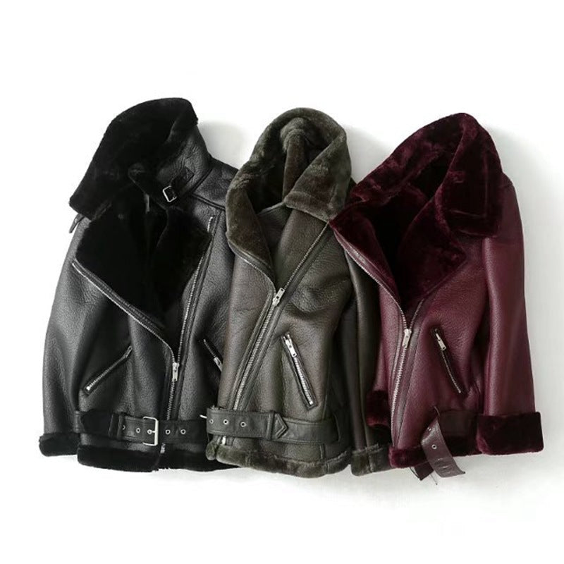 Lapel Fur One-piece Thick Warm Coat Leather Jacket