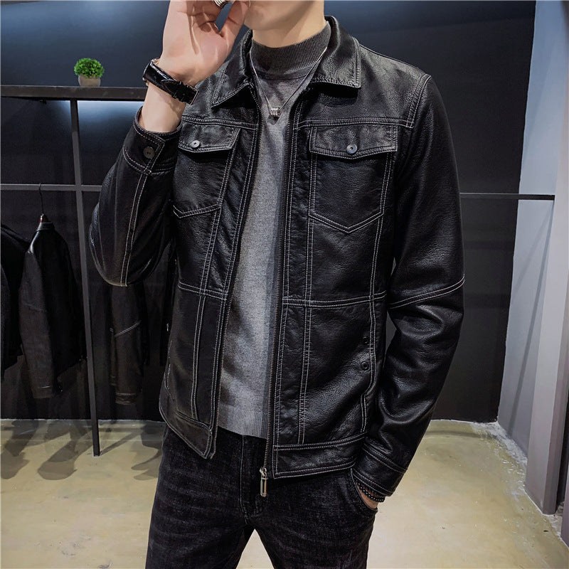 Leather men's jacket slim Korean version