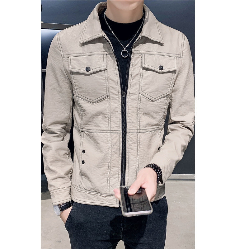 Leather men's jacket slim Korean version