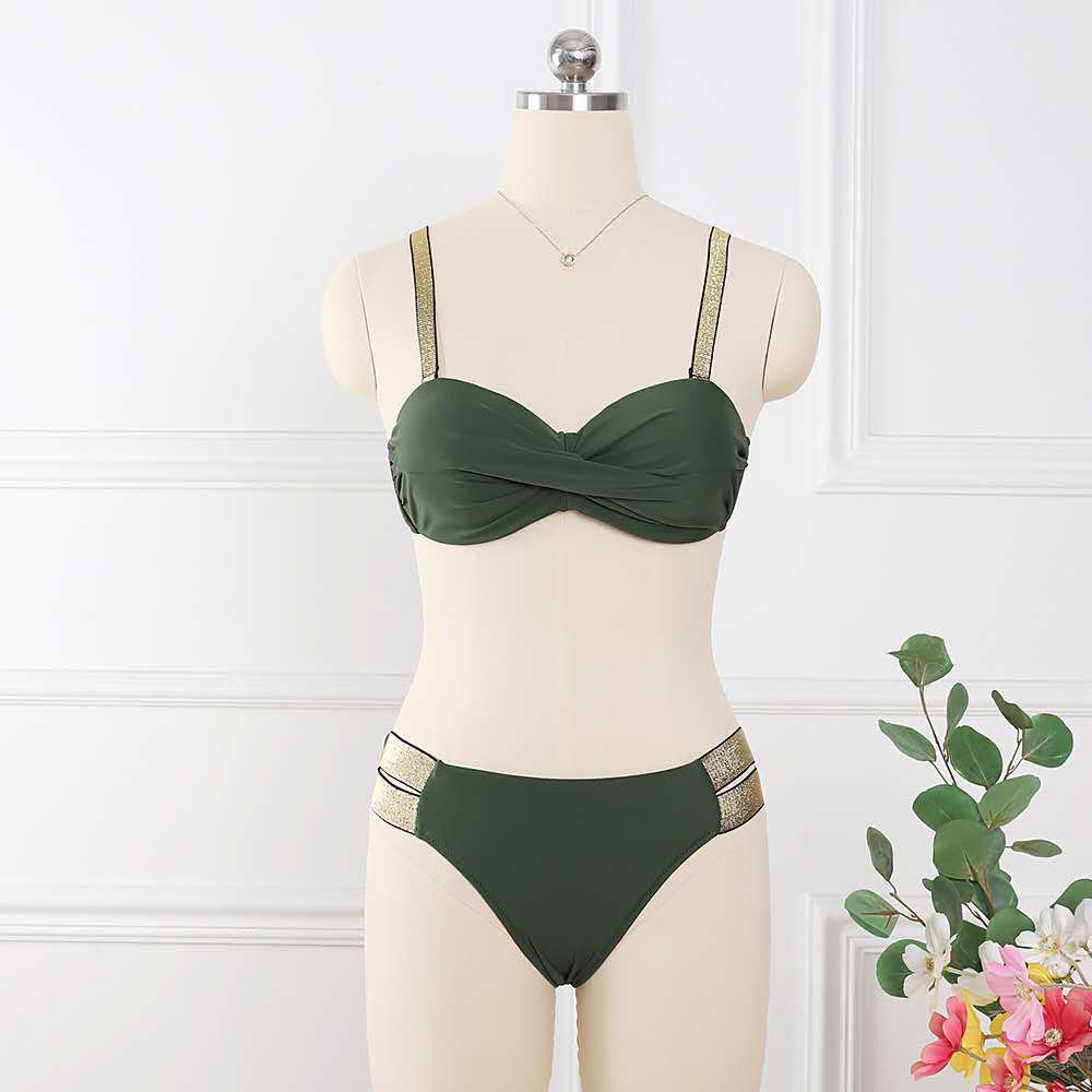 Bikini Sets Solid Color Swimsuit Sexy Mid-Waist Bandeau Gather Cup