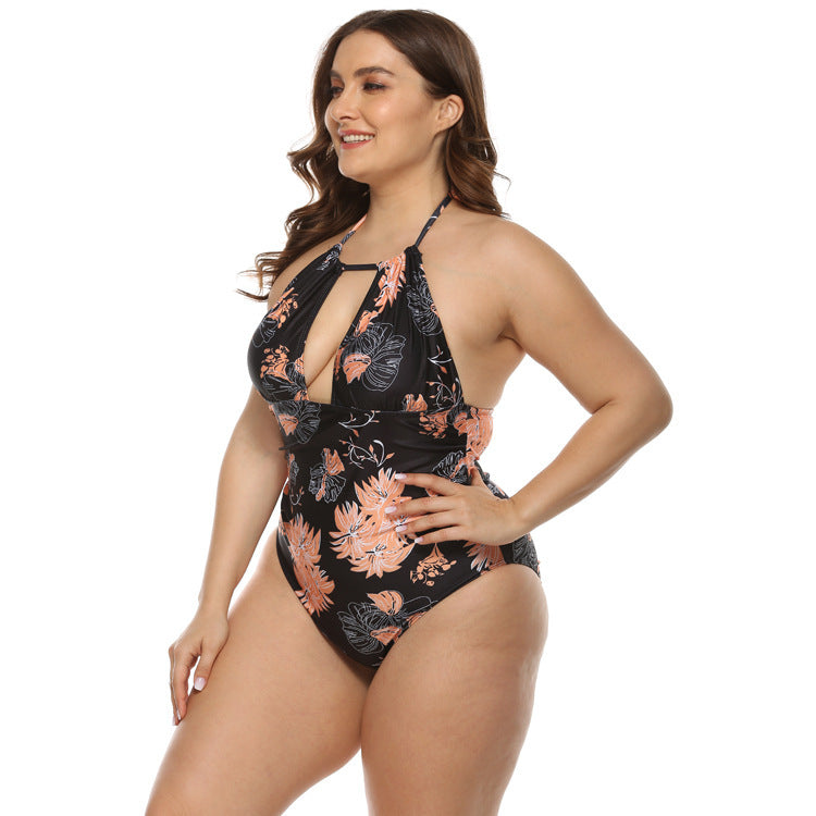 New Plus Size Swimsuit Women's Digital Printing And Belly Slim Sexy Deep V One-piece Bikini