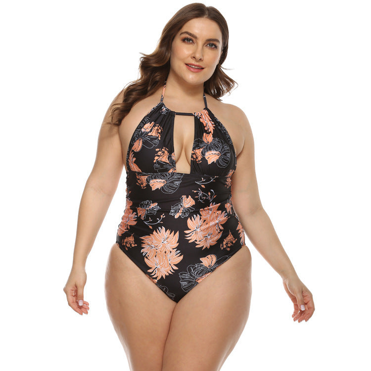 New Plus Size Swimsuit Women's Digital Printing And Belly Slim Sexy Deep V One-piece Bikini