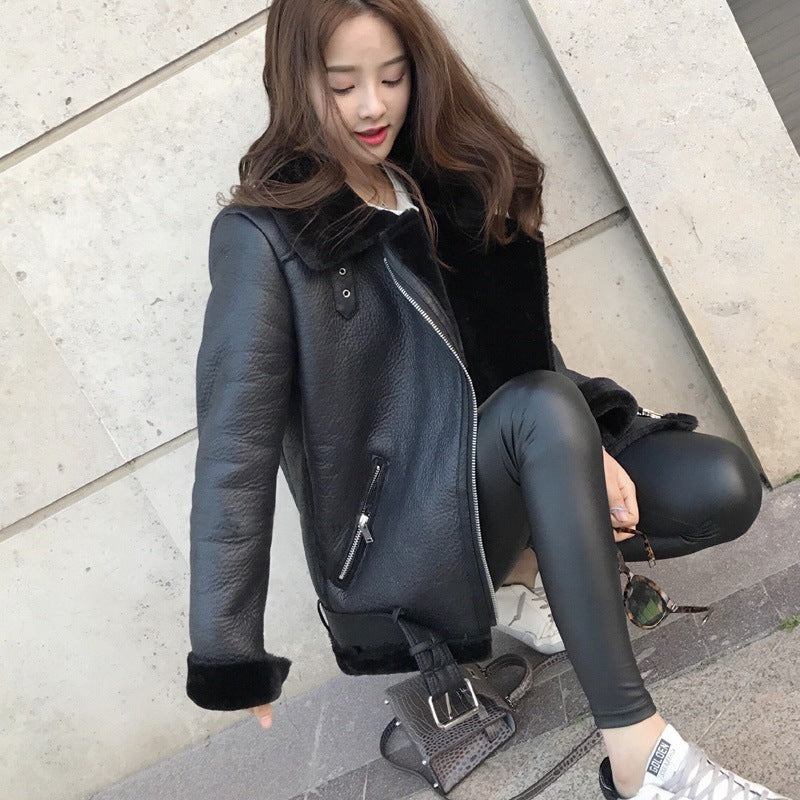 Lapel Fur One-piece Thick Warm Coat Leather Jacket