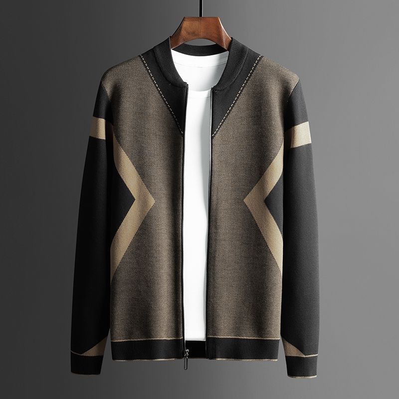 Cardigan Sweater Color Contrast Jacquard Zipper Sweater Coat