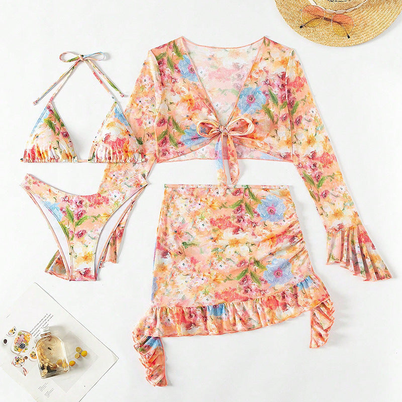 New European And American Printing Stylish Beach Dress Bikini Four-piece Suit