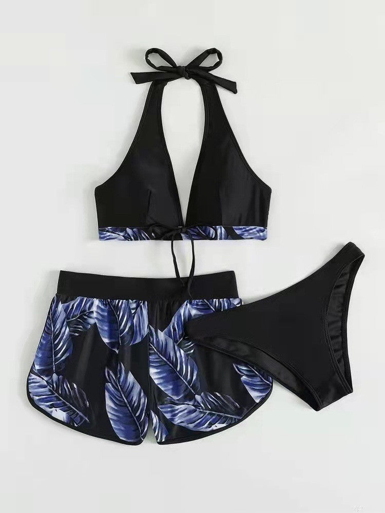 3pcs Leaf Print Bikini With Shorts Fashion Summer Beach Swimsuit