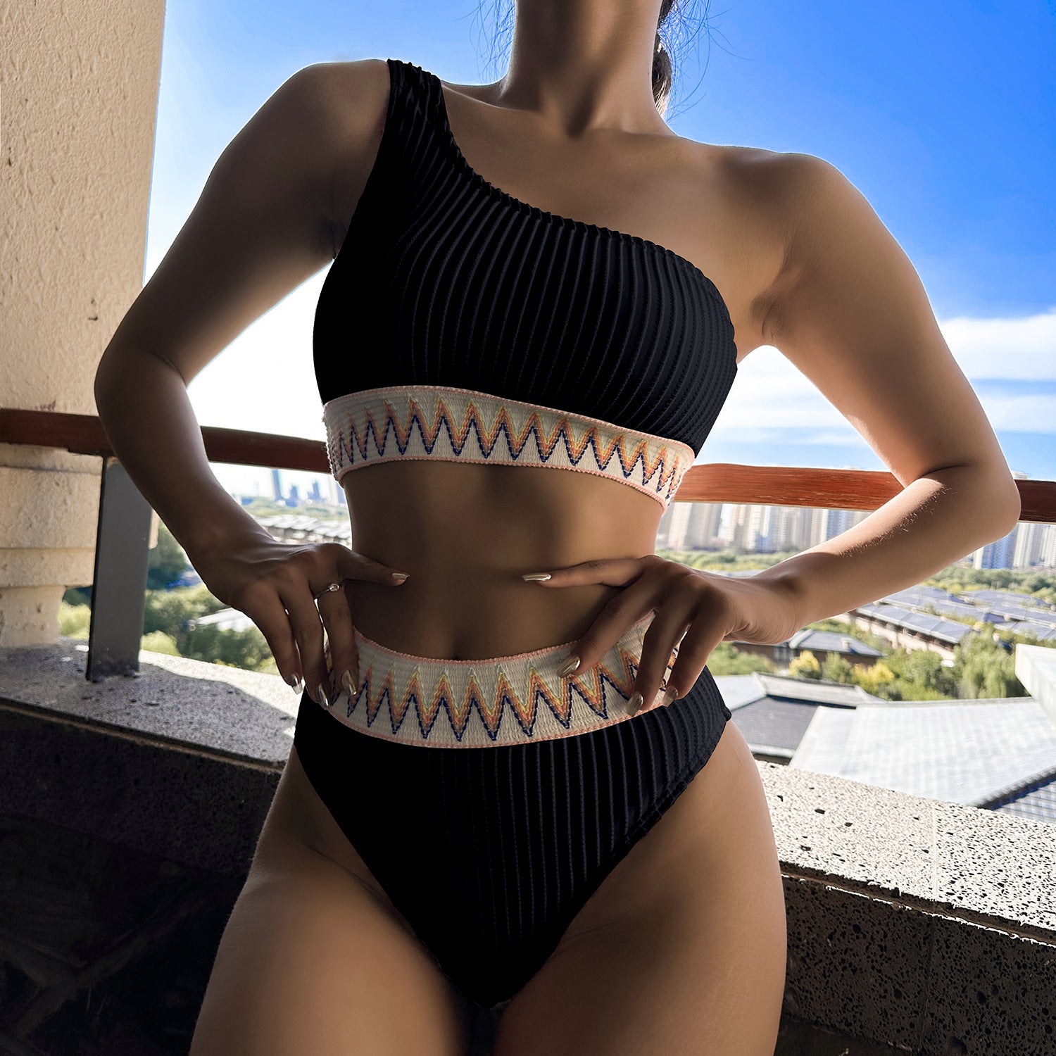 Sexy One-shoulder Bikini With Striped Pleated And Ripple Print Design