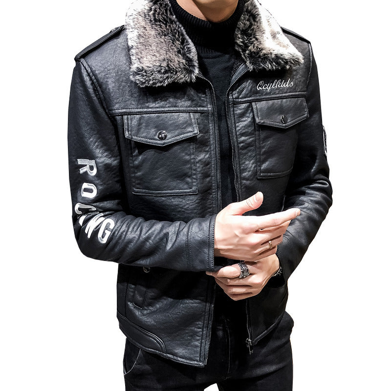 Lamb fur lapel motorcycle leather jacket