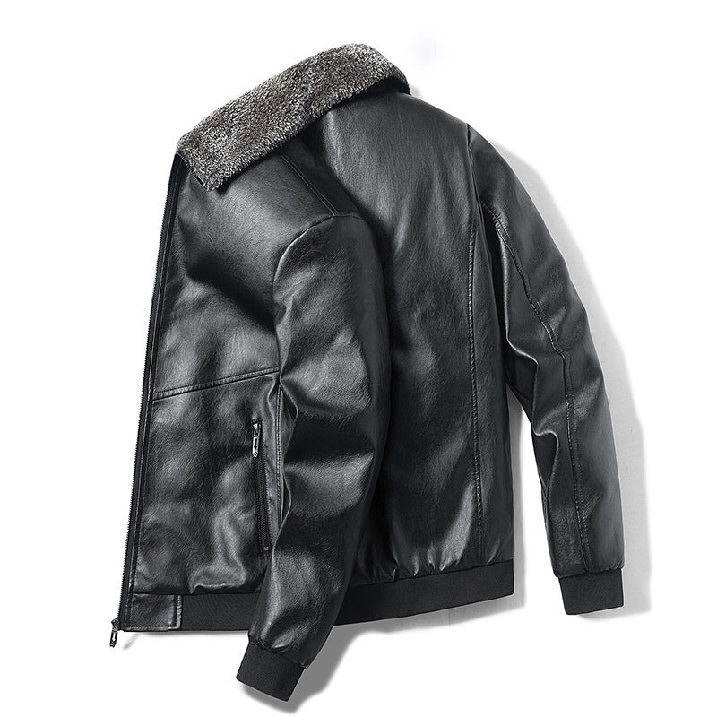 Men's fur collar leather jacket with lapel and fleece