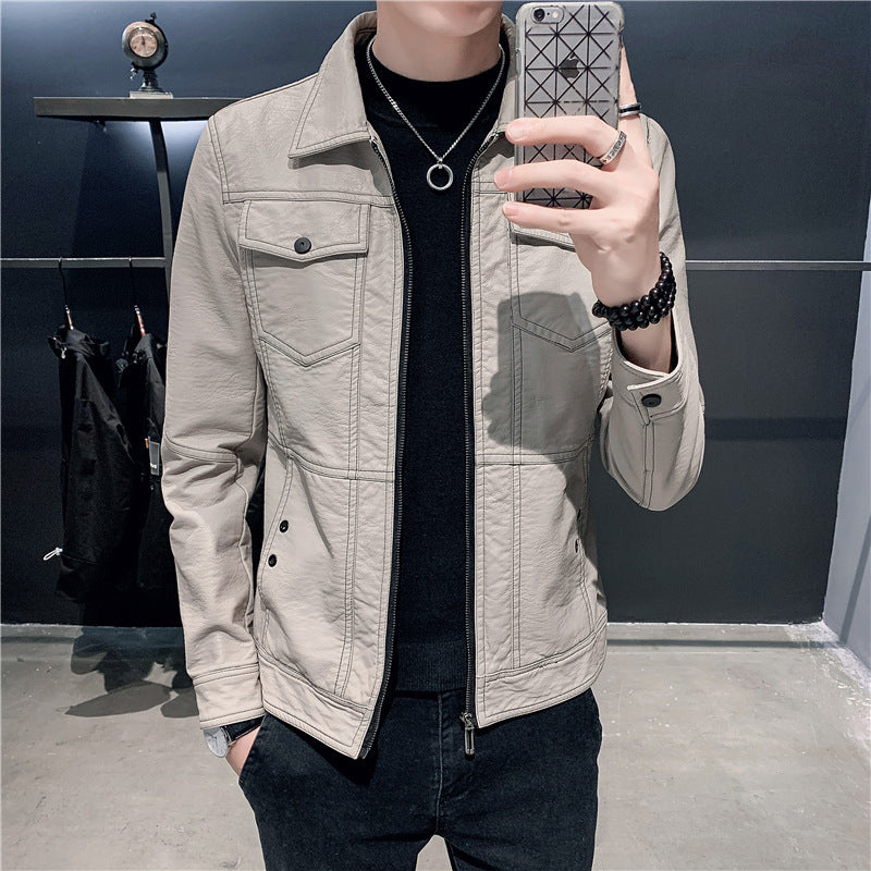 Leather men's jacket slim Korean version