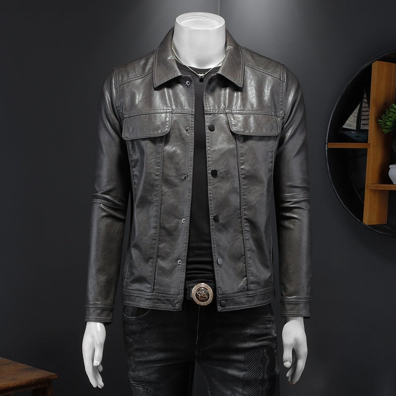 Men's Long-sleeved Lapel Motorcycle Pu Handsome Leather Coat