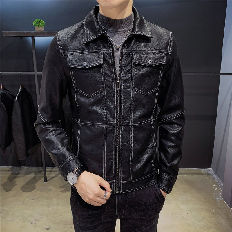 Leather men's jacket slim Korean version