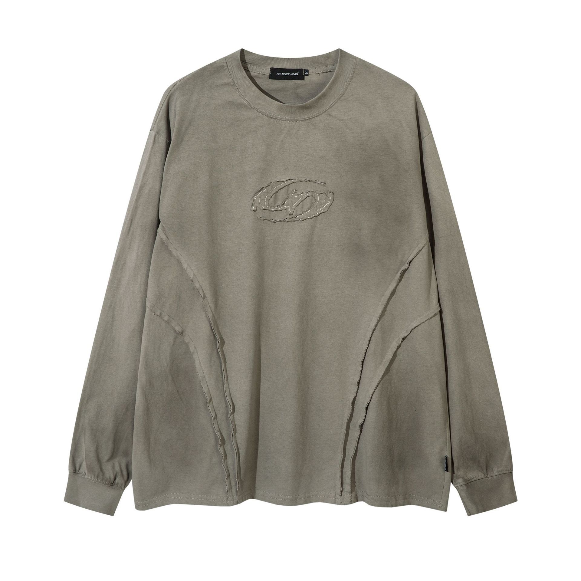 Men's Washed Dirty Dyed Raw Embroidery Round Neck Sweater