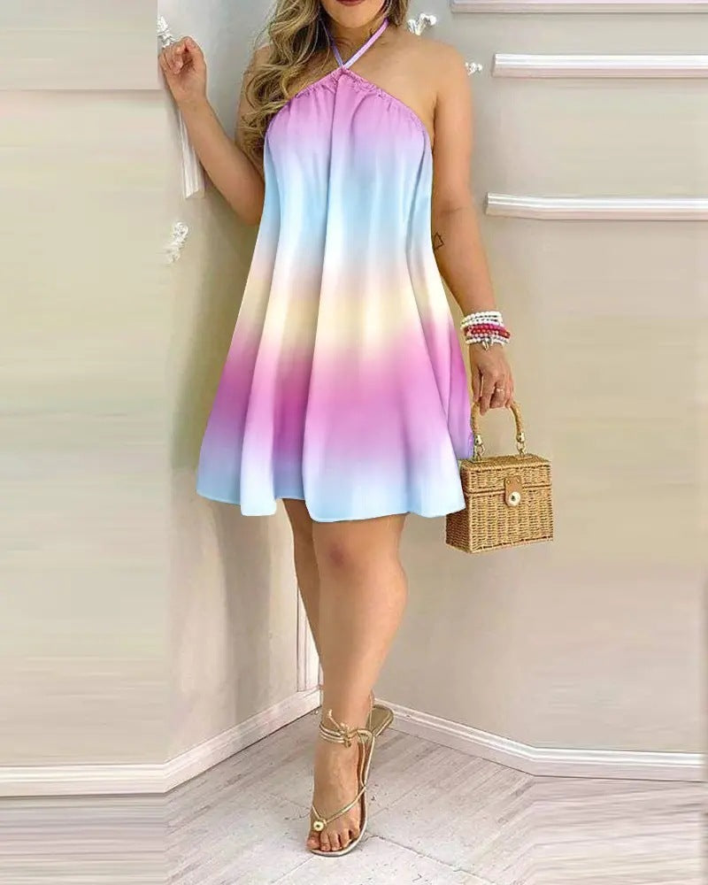 Printed Dress Summer Off-Shoulder Hanging Neck Sleeveless Sexy