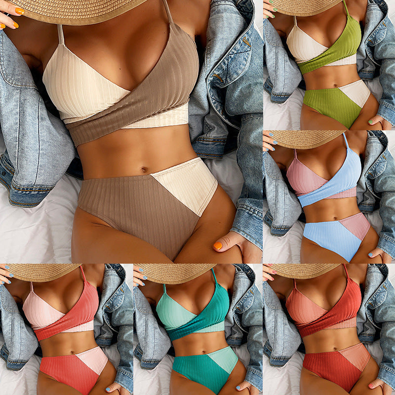 Bikini Patchwork Swimwear Ribbed Women's Swimsuit Knot Back