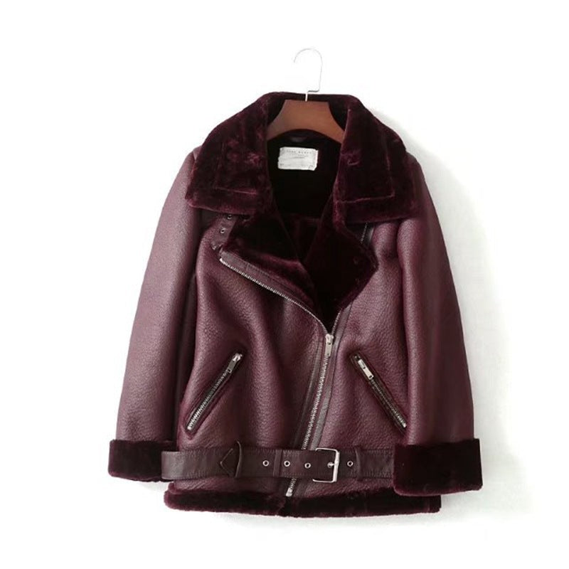 Lapel Fur One-piece Thick Warm Coat Leather Jacket