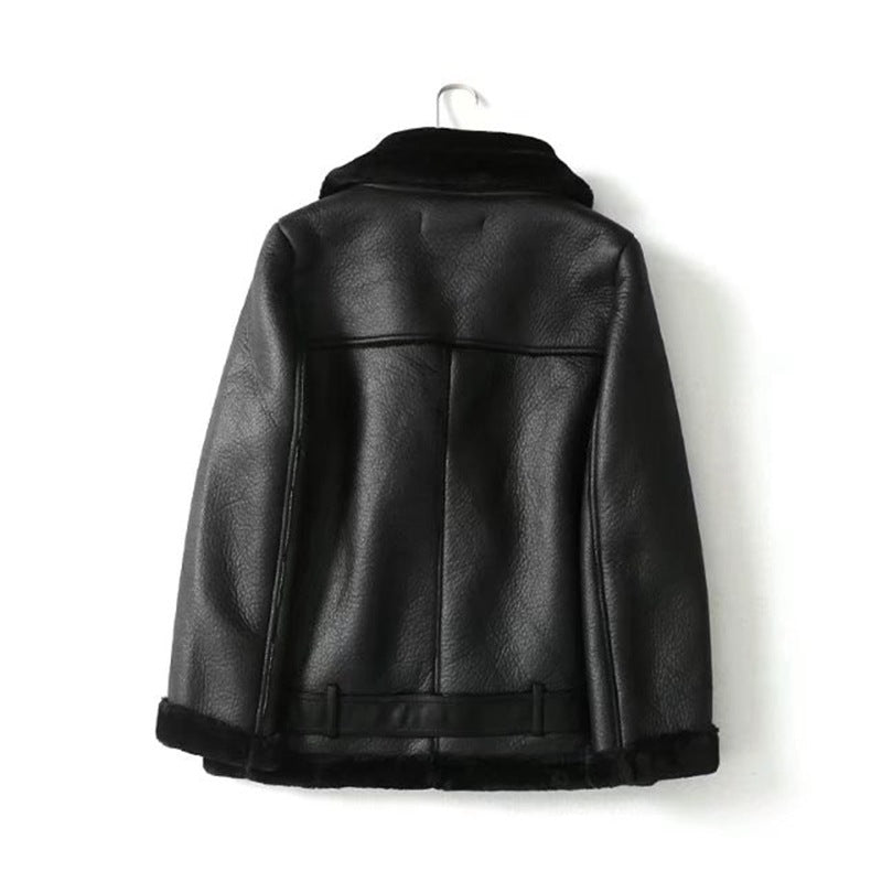 Lapel Fur One-piece Thick Warm Coat Leather Jacket