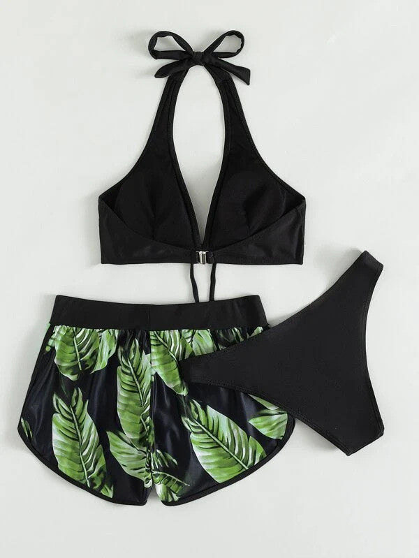 3pcs Leaf Print Bikini With Shorts Fashion Summer Beach Swimsuit