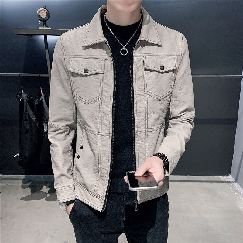 Leather men's jacket slim Korean version