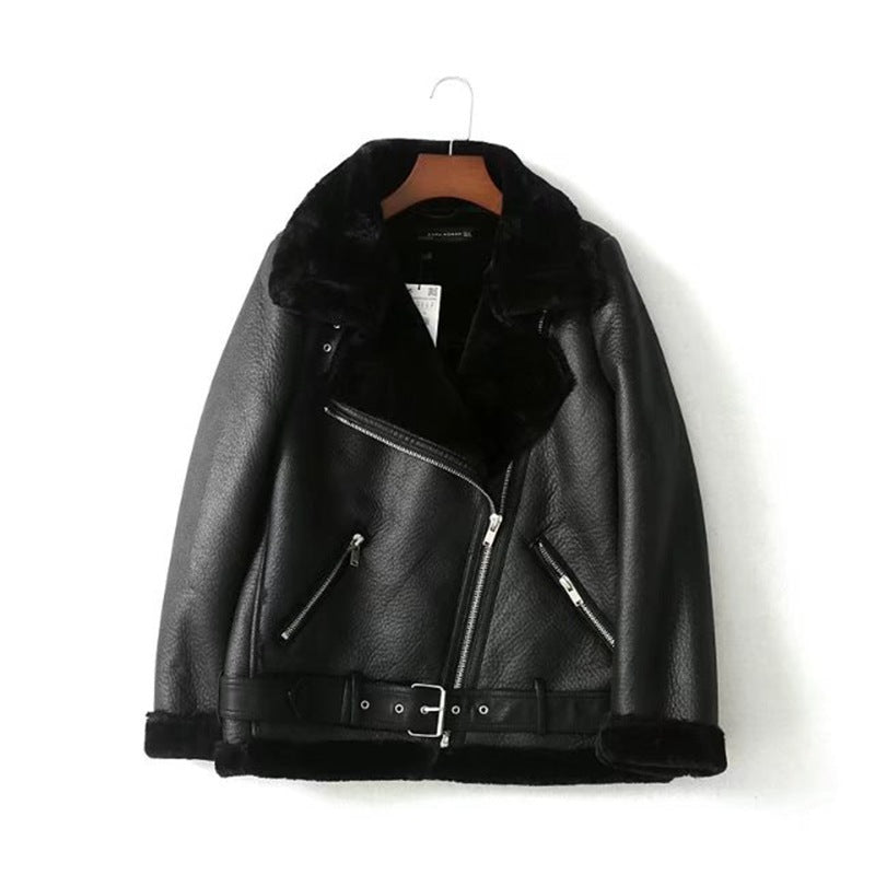 Lapel Fur One-piece Thick Warm Coat Leather Jacket