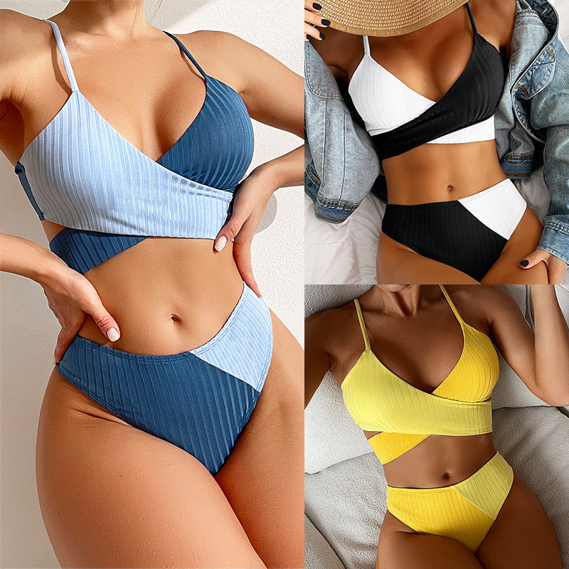 Bikini Patchwork Swimwear Ribbed Women's Swimsuit Knot Back