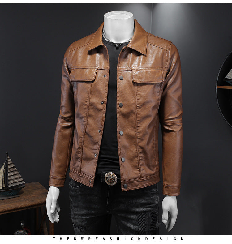 Men's Long-sleeved Lapel Motorcycle Pu Handsome Leather Coat