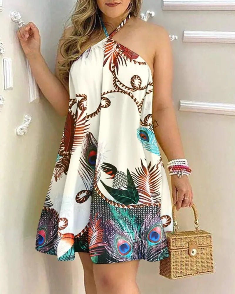 Printed Dress Summer Off-Shoulder Hanging Neck Sleeveless Sexy