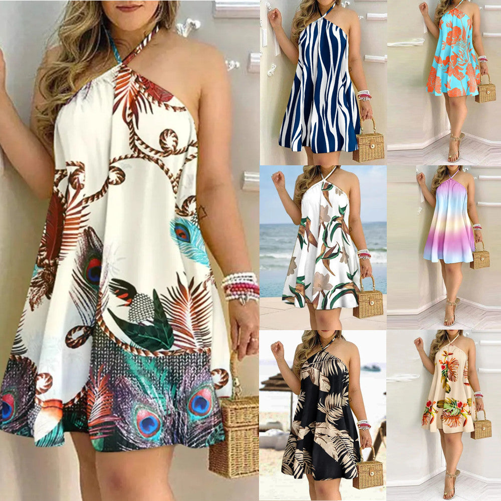 Printed Dress Summer Off-Shoulder Hanging Neck Sleeveless Sexy