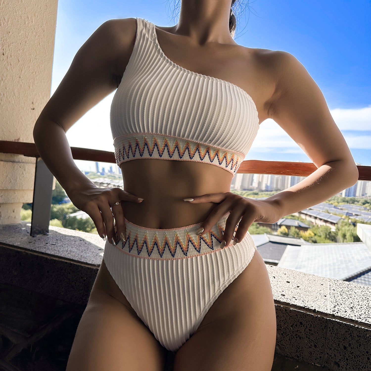 Sexy One-shoulder Bikini With Striped Pleated And Ripple Print Design