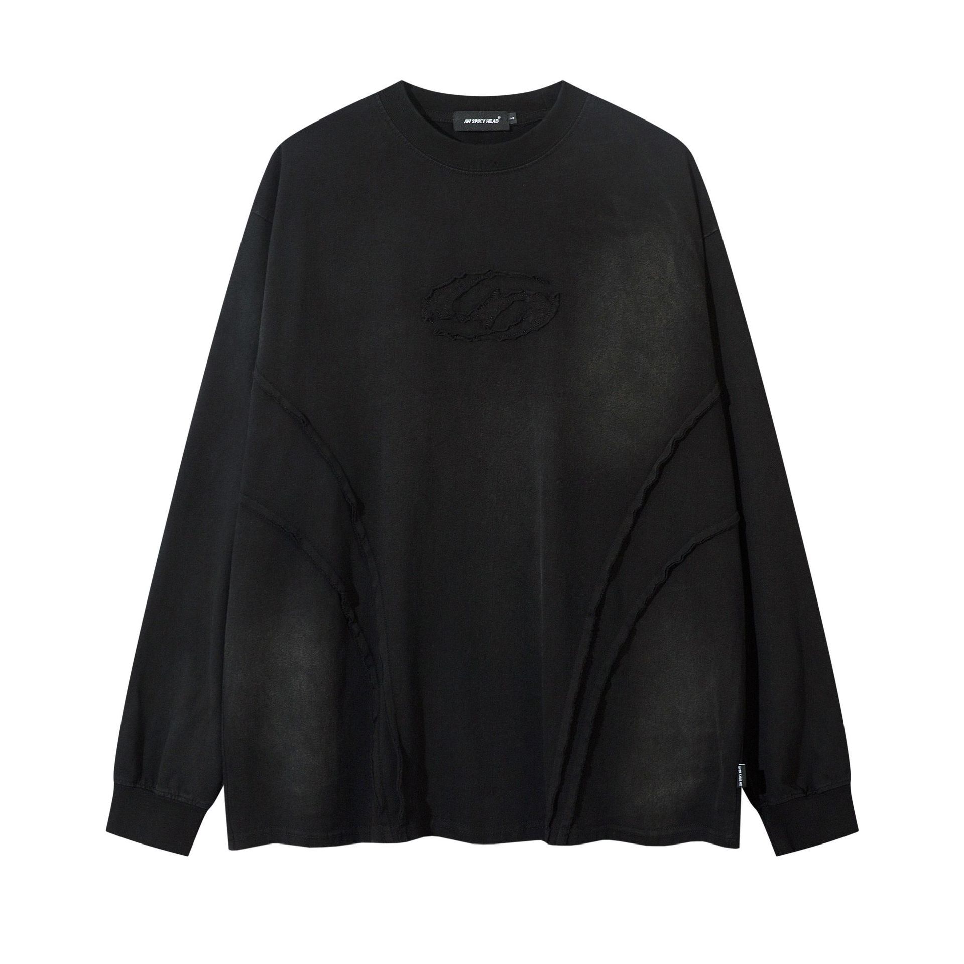 Men's Washed Dirty Dyed Raw Embroidery Round Neck Sweater