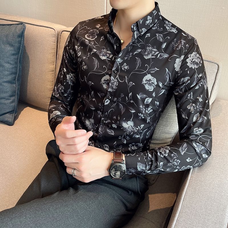 Men's Long Sleeve Flower Slim