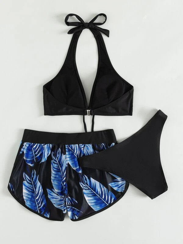 3pcs Leaf Print Bikini With Shorts Fashion Summer Beach Swimsuit