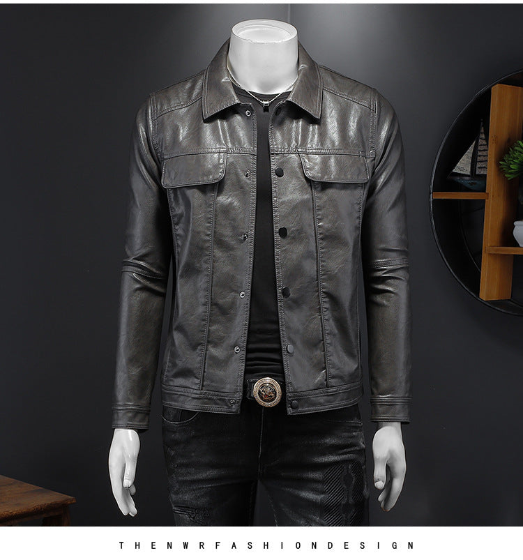 Men's Long-sleeved Lapel Motorcycle Pu Handsome Leather Coat