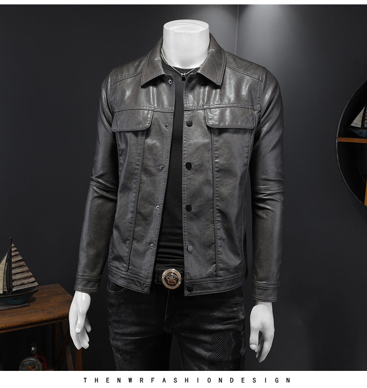 Men's Long-sleeved Lapel Motorcycle Pu Handsome Leather Coat