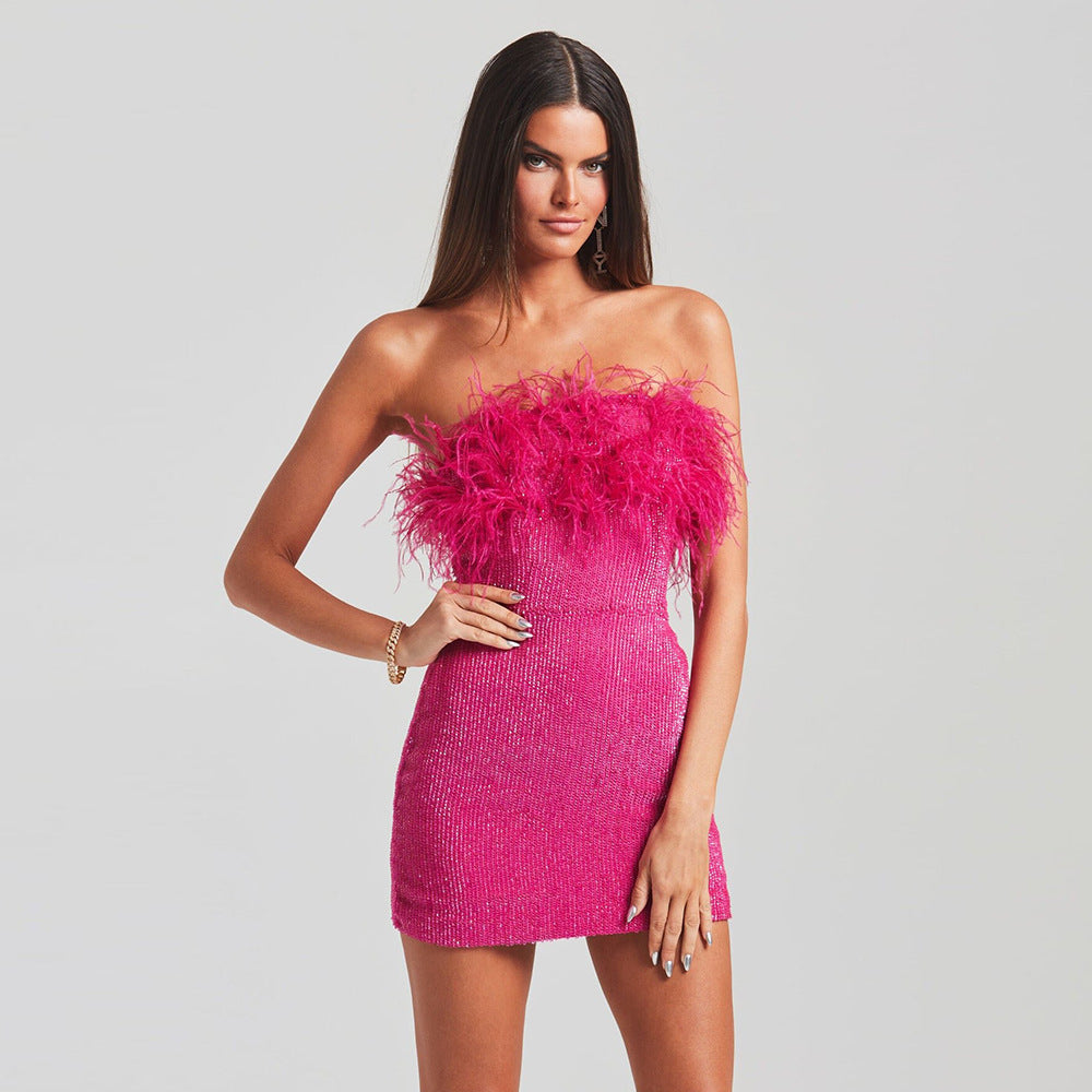 Women's New Rose Sequined Tube Top Dress