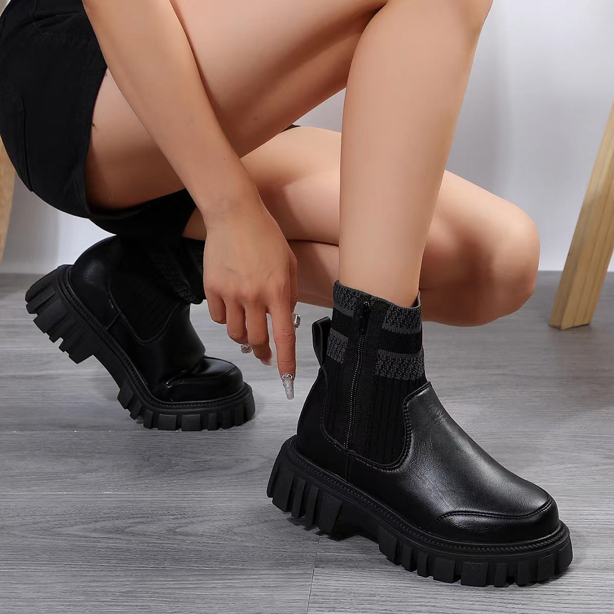 Fashion Mid-tube Boots With Zipper Design Non-slip Thick Sole Elastic Knitted Patchwork Boots For Women Round Toe Shoes Winter