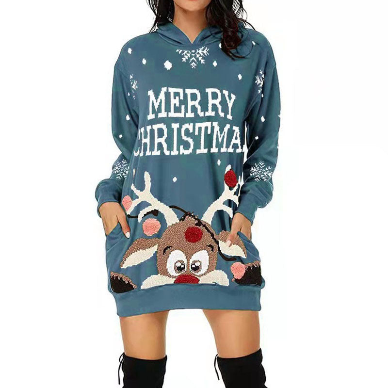 Christmas Women's Printed Mid-length Pocket Hooded Long Sleeve Sweatshirt