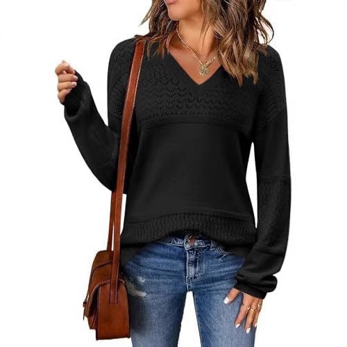 V-neck Hollow-out Pullover Knitted Rib Sweater