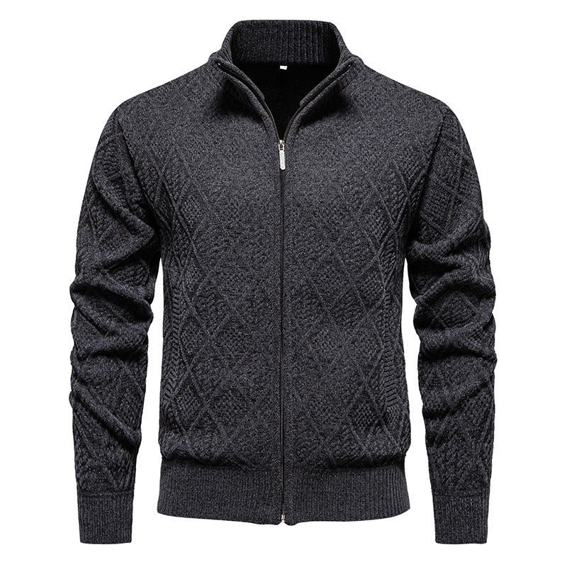 2024 Fall Winter Men Fleece-lined Thickening Stand Collar Sweater Korean Style Casual Zipper Sweater Coat