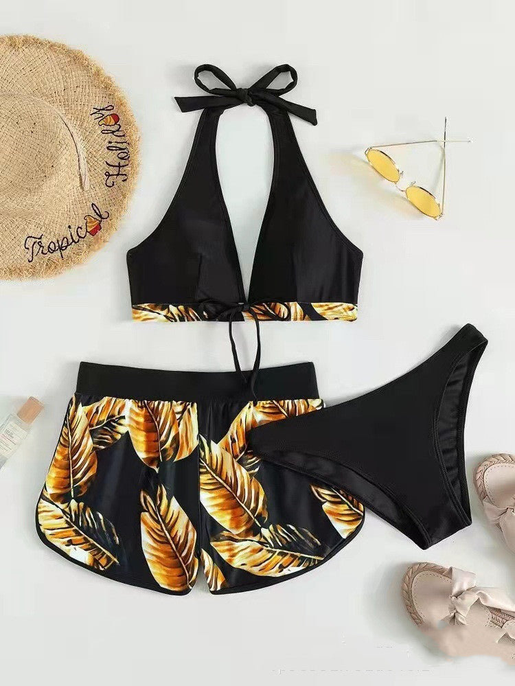 3pcs Leaf Print Bikini With Shorts Fashion Summer Beach Swimsuit