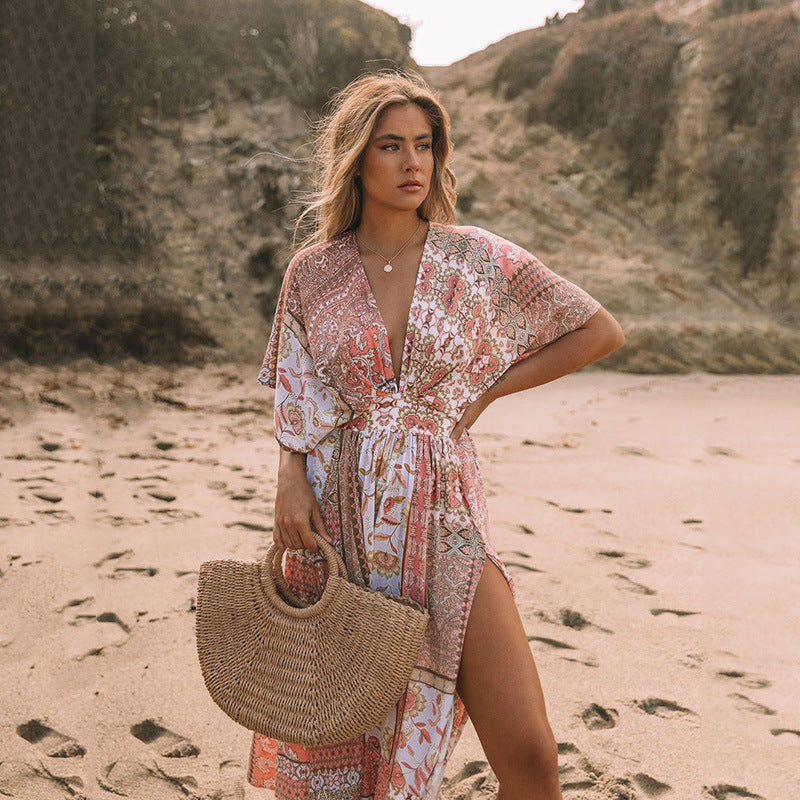 Women's Flowers Printed Dress Bohemian Irregular Beach