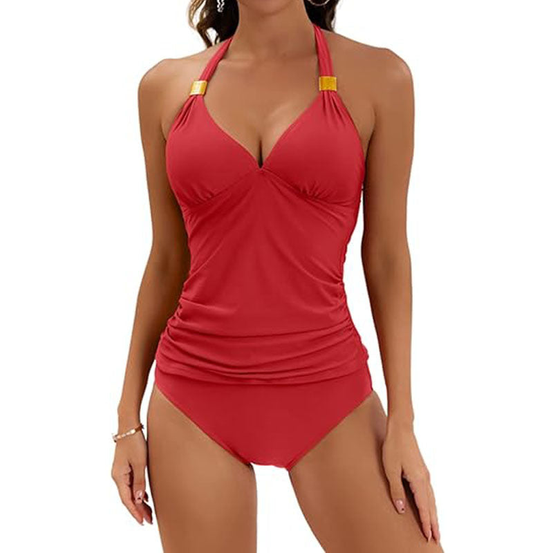 Women's Pure Color Halter Split Tie Two Piece Swimsuit